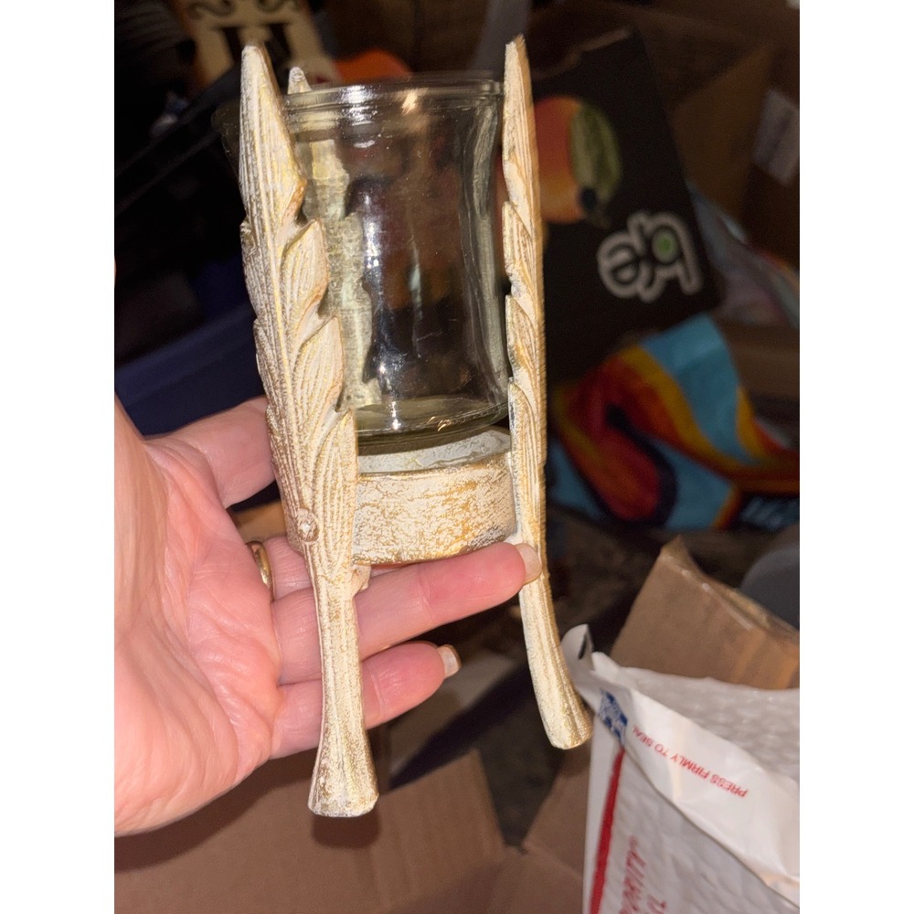 Vintage Style Distressed Gold Leaf Tripod Votive Candle Holder Glass Hurricane
